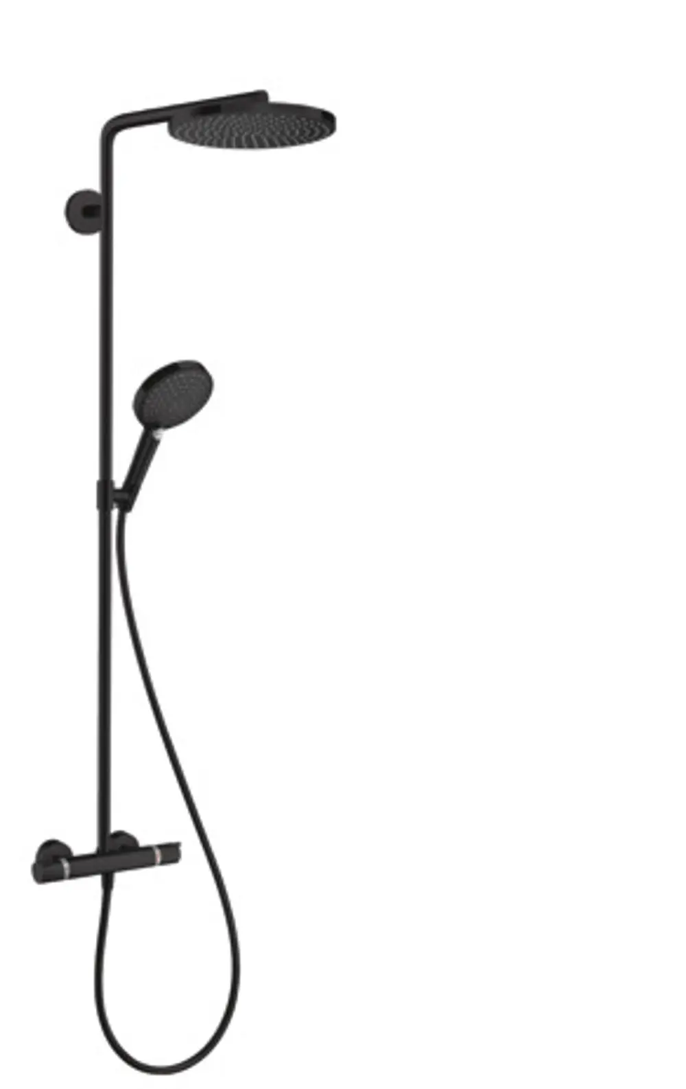 Schwarze Hansgrohe Duschsäule mit Regendusche und Handbrause. Thermostatarmatur angebracht, Schlauch sichtbar. Reduzierte Formgebung ohne unnötige Verzierungen.